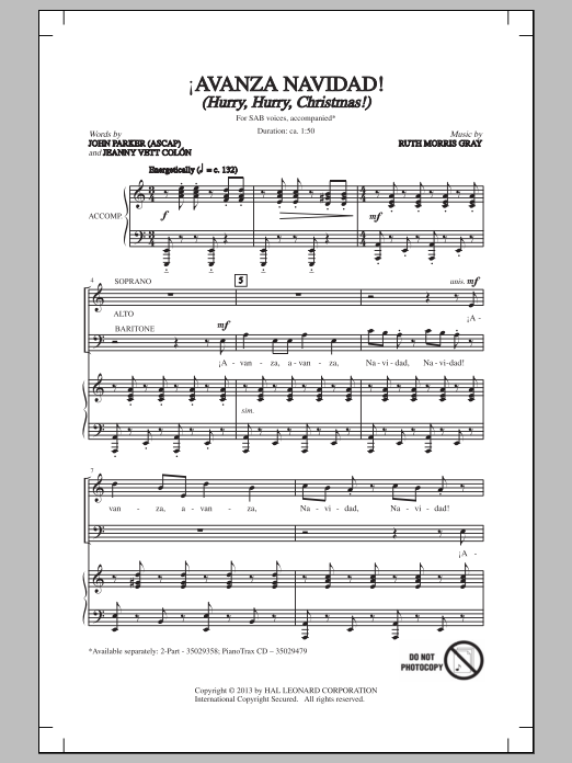 Ruth Morris Gray !Avanza Navidad! (Hurry, Hurry, Christmas!) sheet music notes and chords arranged for SAB Choir