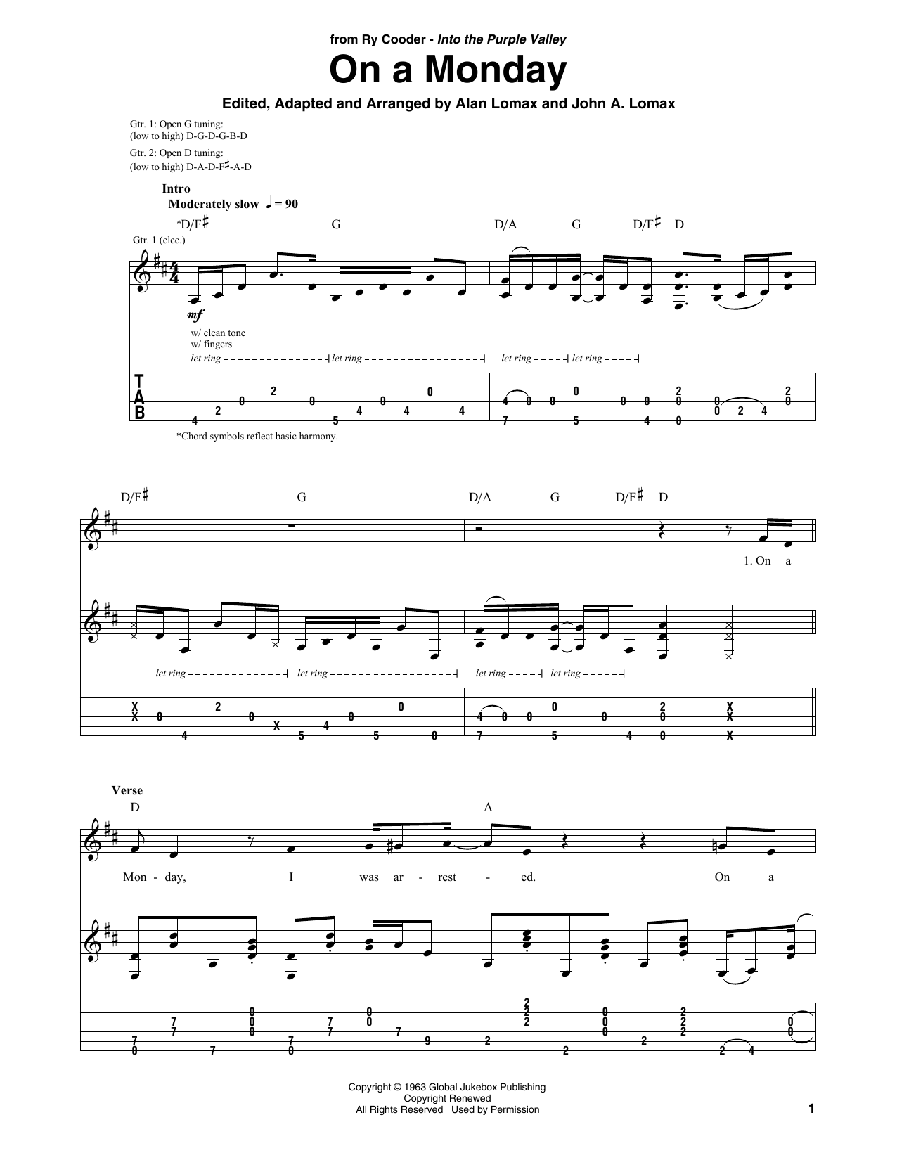 Ry Cooder On A Monday sheet music notes and chords arranged for Solo Guitar