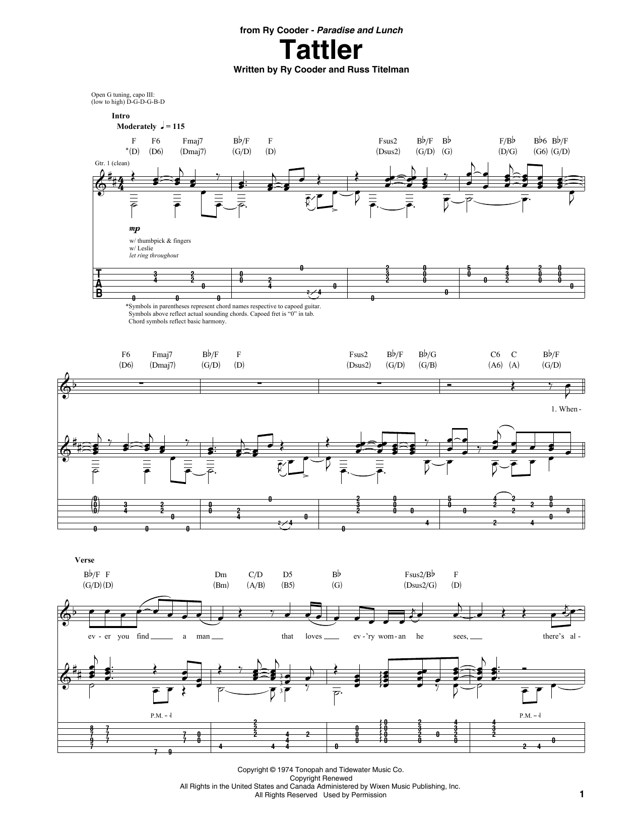 Ry Cooder Tattler sheet music notes and chords arranged for Guitar Tab
