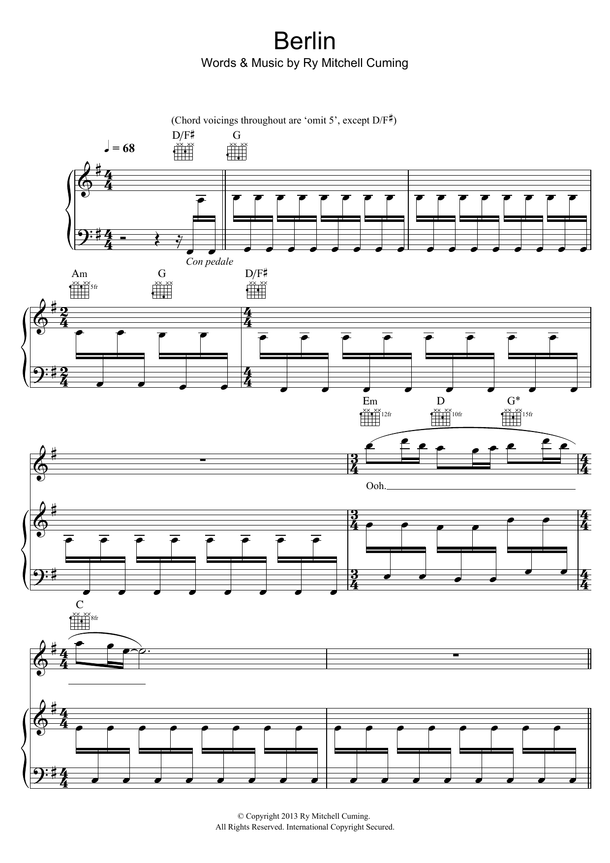 RY X Berlin sheet music notes and chords arranged for Piano, Vocal & Guitar Chords