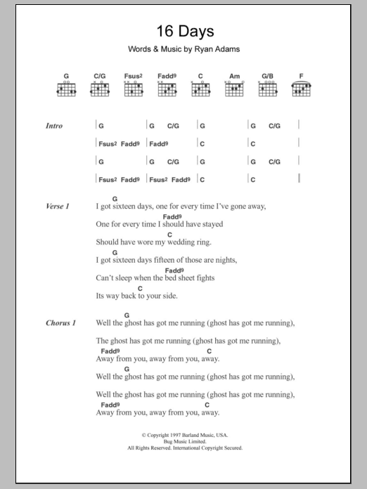 Whiskeytown 16 Days sheet music notes and chords arranged for Guitar Chords/Lyrics