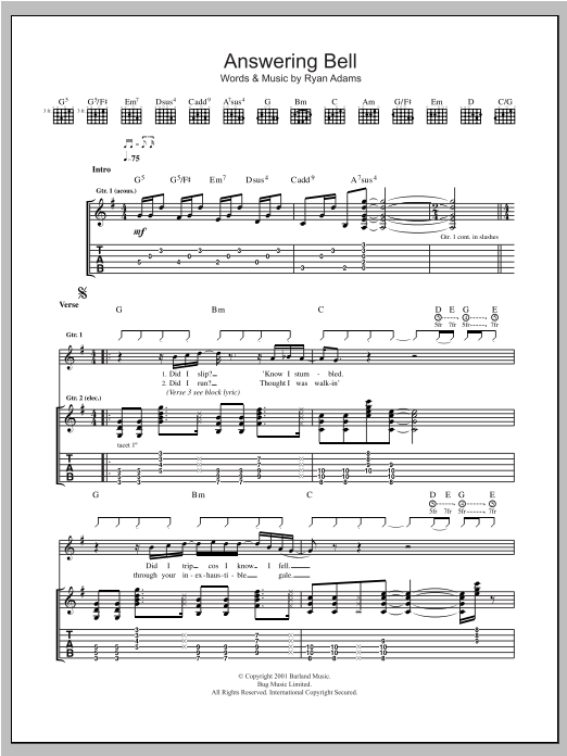 Ryan Adams Answering Bell sheet music notes and chords arranged for Guitar Tab