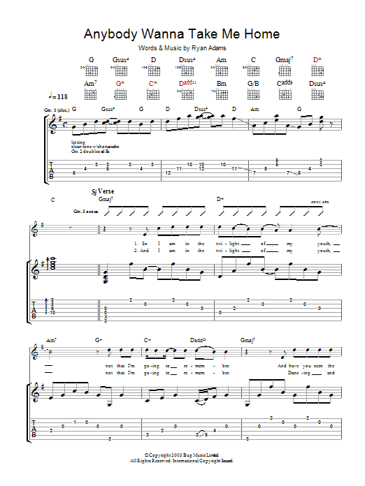 Ryan Adams Anybody Wanna Take Me Home sheet music notes and chords arranged for Guitar Tab