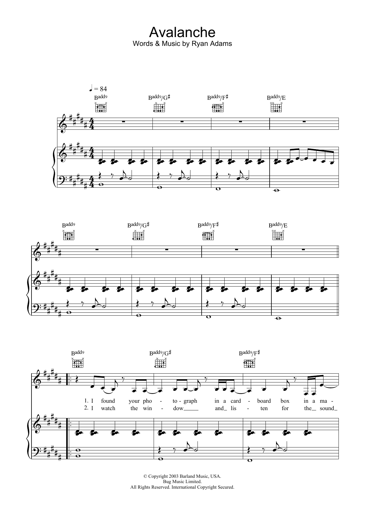 Ryan Adams Avalanche sheet music notes and chords arranged for Piano, Vocal & Guitar Chords