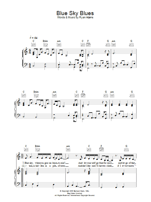 Ryan Adams Blue Sky Blues sheet music notes and chords arranged for Piano, Vocal & Guitar Chords