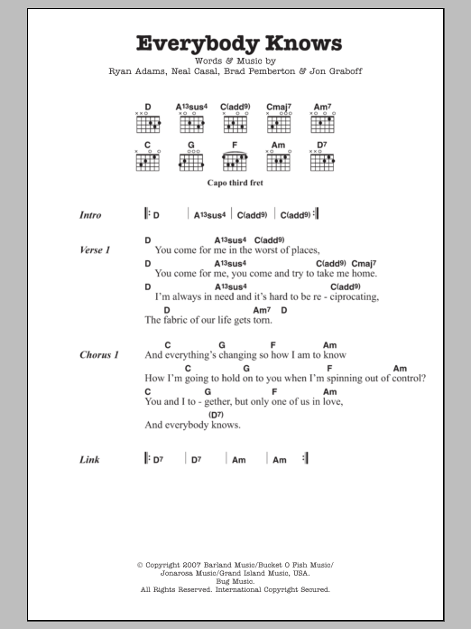 Ryan Adams Everybody Knows sheet music notes and chords arranged for Guitar Chords/Lyrics