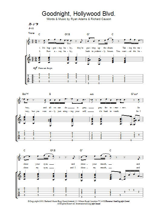 Ryan Adams Goodnight, Hollywood Blvd sheet music notes and chords arranged for Guitar Tab