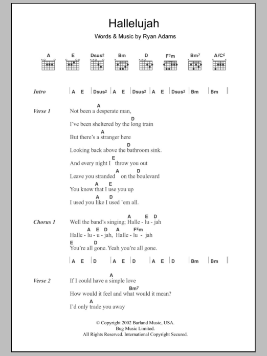 Ryan Adams Hallelujah sheet music notes and chords arranged for Guitar Chords/Lyrics