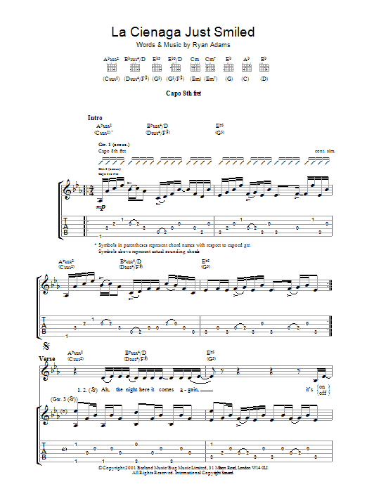 Ryan Adams La Cienega Just Smiled sheet music notes and chords arranged for Guitar Tab