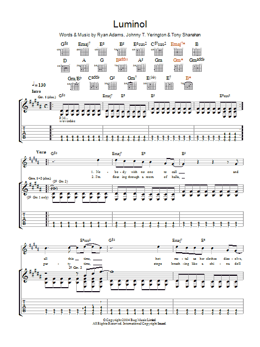 Ryan Adams Luminol sheet music notes and chords arranged for Guitar Tab