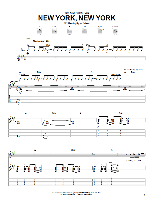 Ryan Adams New York, New York sheet music notes and chords arranged for Piano, Vocal & Guitar Chords (Right-Hand Melody)