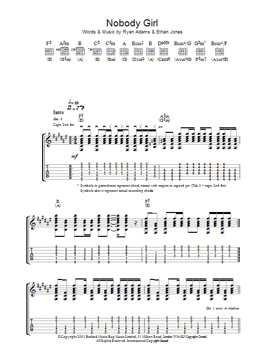 Ryan Adams Nobody Girl sheet music notes and chords arranged for Guitar Tab