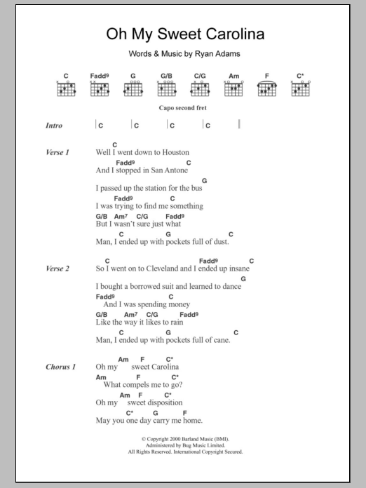 Ryan Adams Oh My Sweet Carolina sheet music notes and chords arranged for Guitar Chords/Lyrics