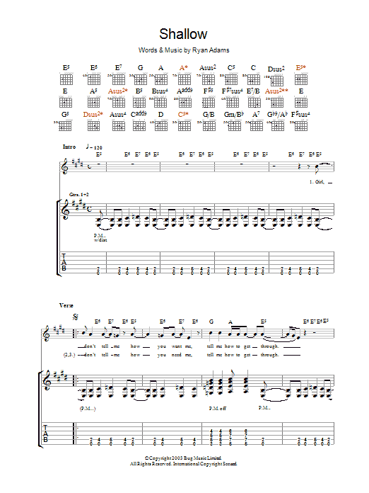 Ryan Adams Shallow sheet music notes and chords arranged for Guitar Tab