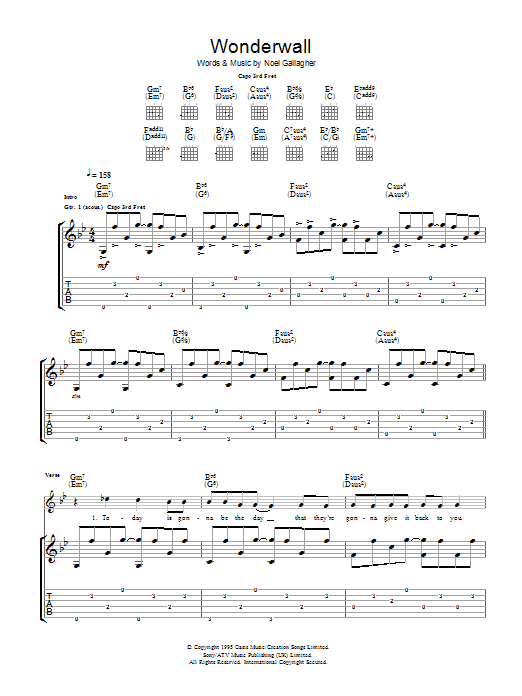 Ryan Adams Wonderwall sheet music notes and chords arranged for Guitar Tab