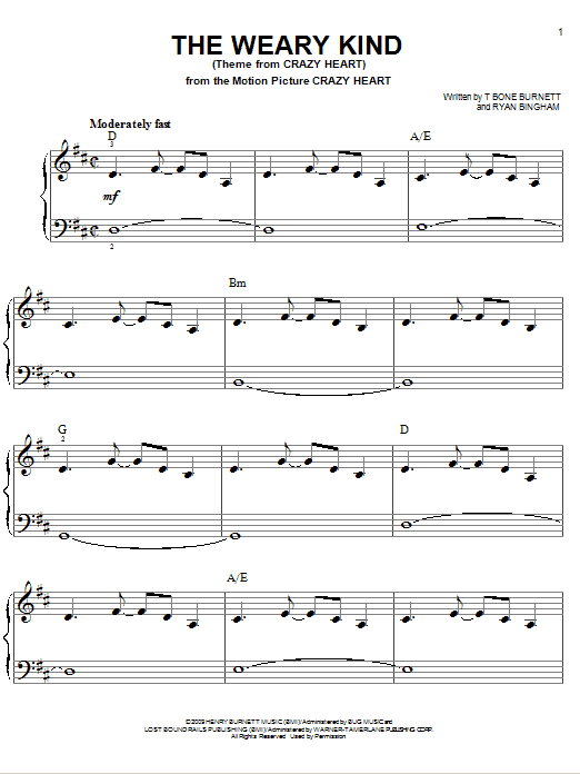 Ryan Bingham The Weary Kind sheet music notes and chords arranged for Easy Piano