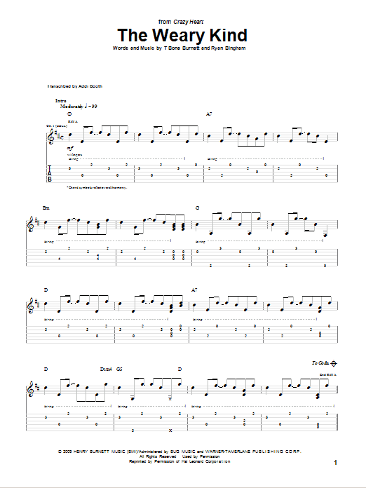 Ryan Bingham The Weary Kind (Theme From Crazy Heart) sheet music notes and chords arranged for Guitar Tab
