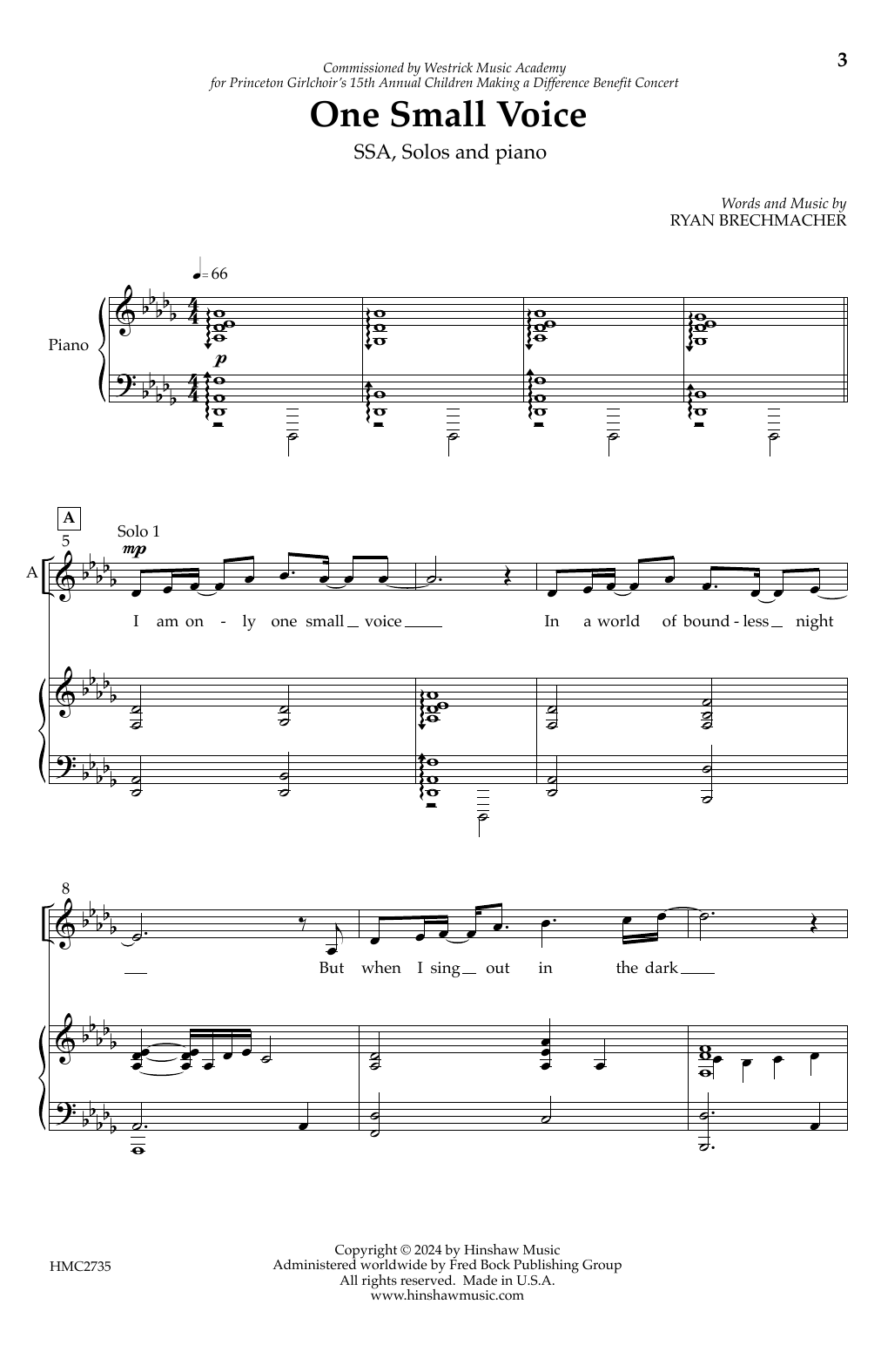 Ryan Brechmacher One Small Voice sheet music notes and chords arranged for SSA Choir