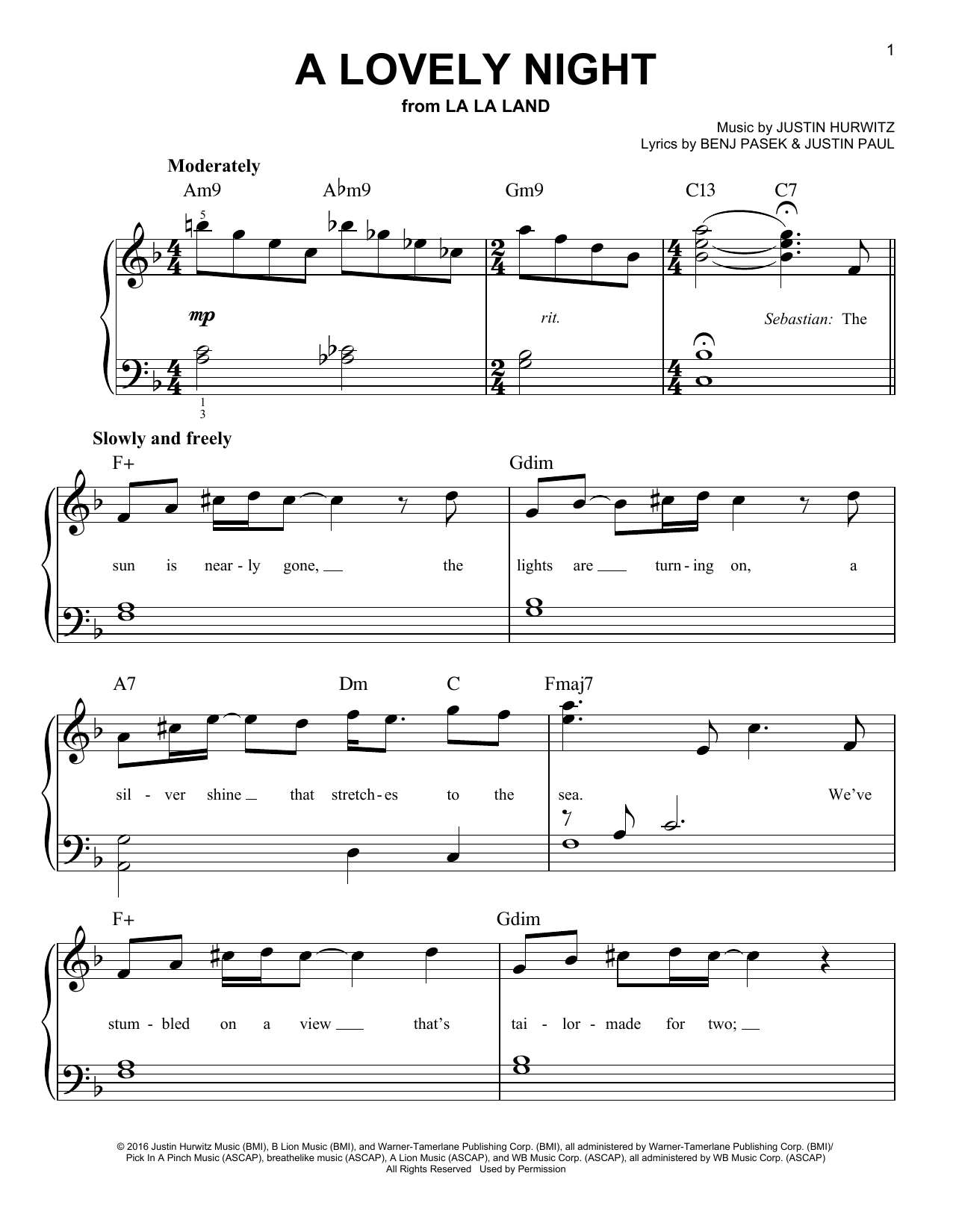 Ryan Gosling & Emma Stone A Lovely Night (from La La Land) sheet music notes and chords arranged for Easy Guitar Tab