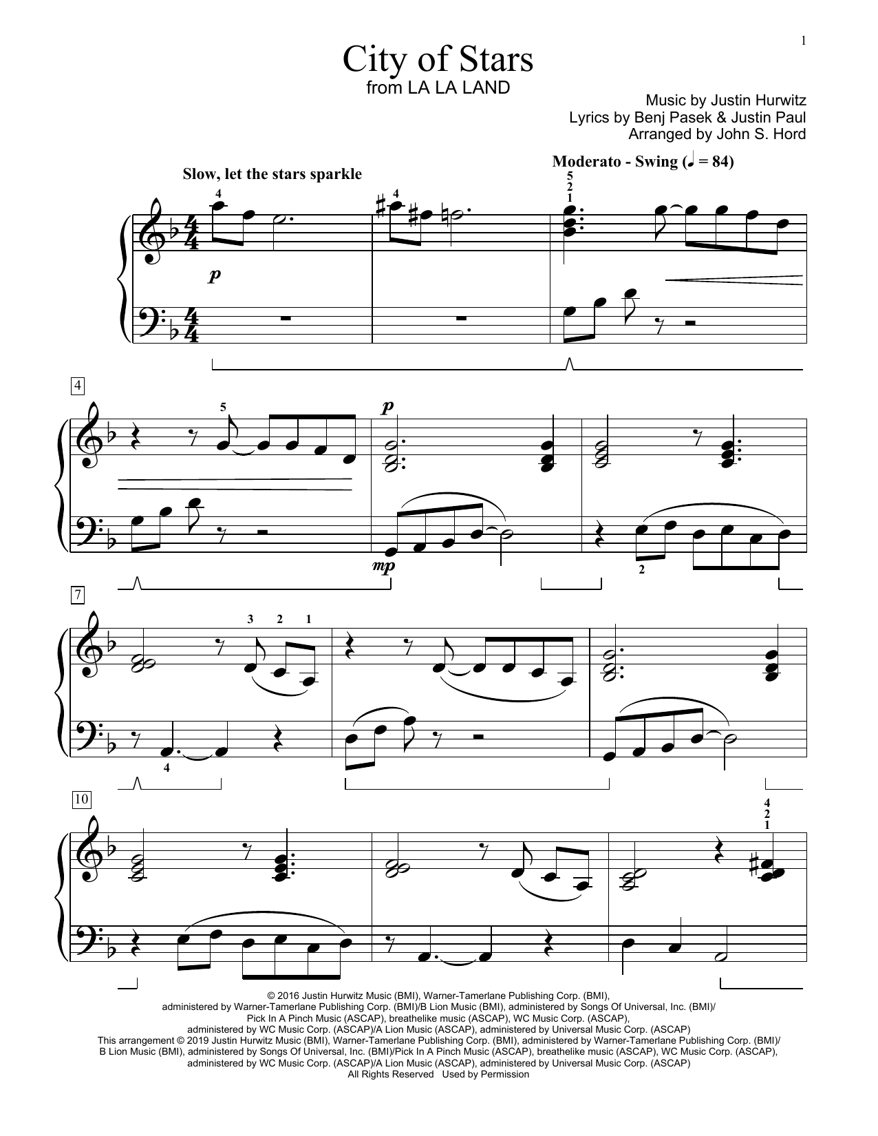 Ryan Gosling & Emma Stone City Of Stars (from La La Land) (arr. John S. Hord) sheet music notes and chords arranged for Educational Piano