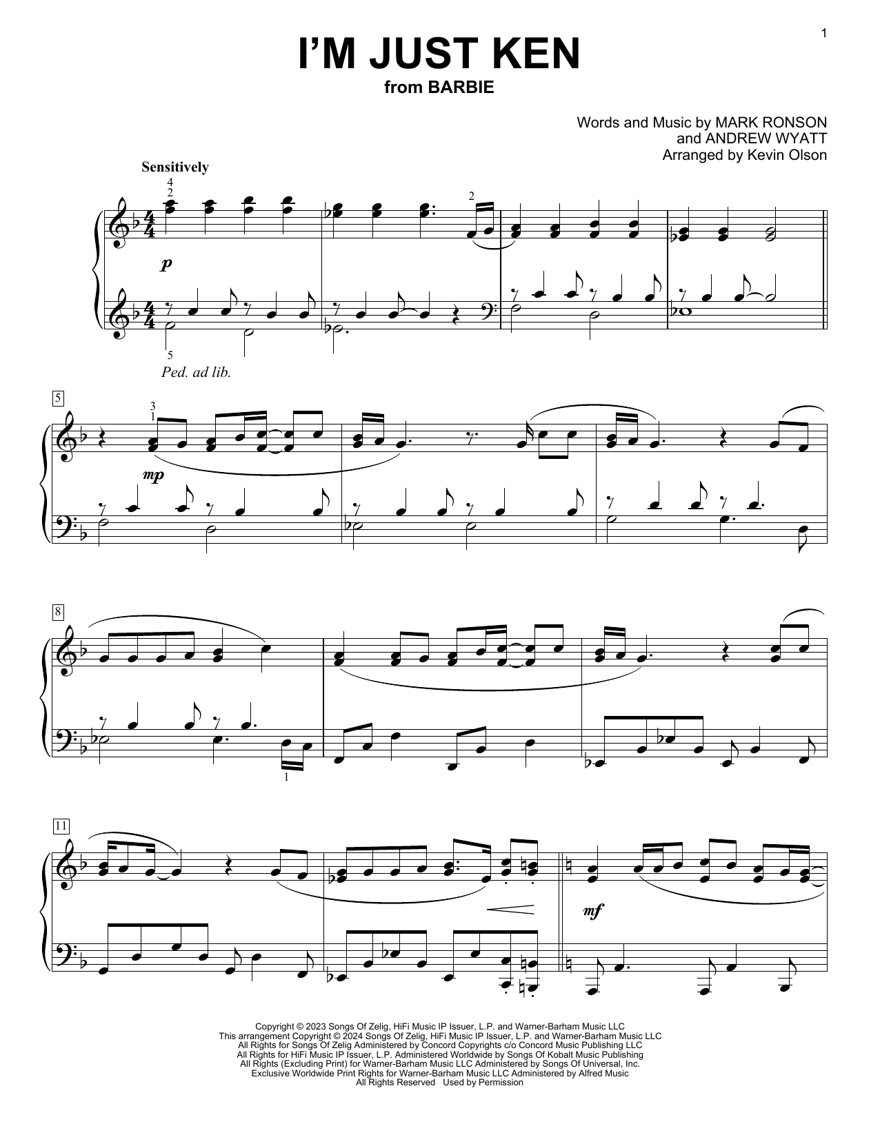 Ryan Gosling I'm Just Ken (from Barbie) (arr. Kevin Olson) sheet music notes and chords arranged for Easy Piano Solo