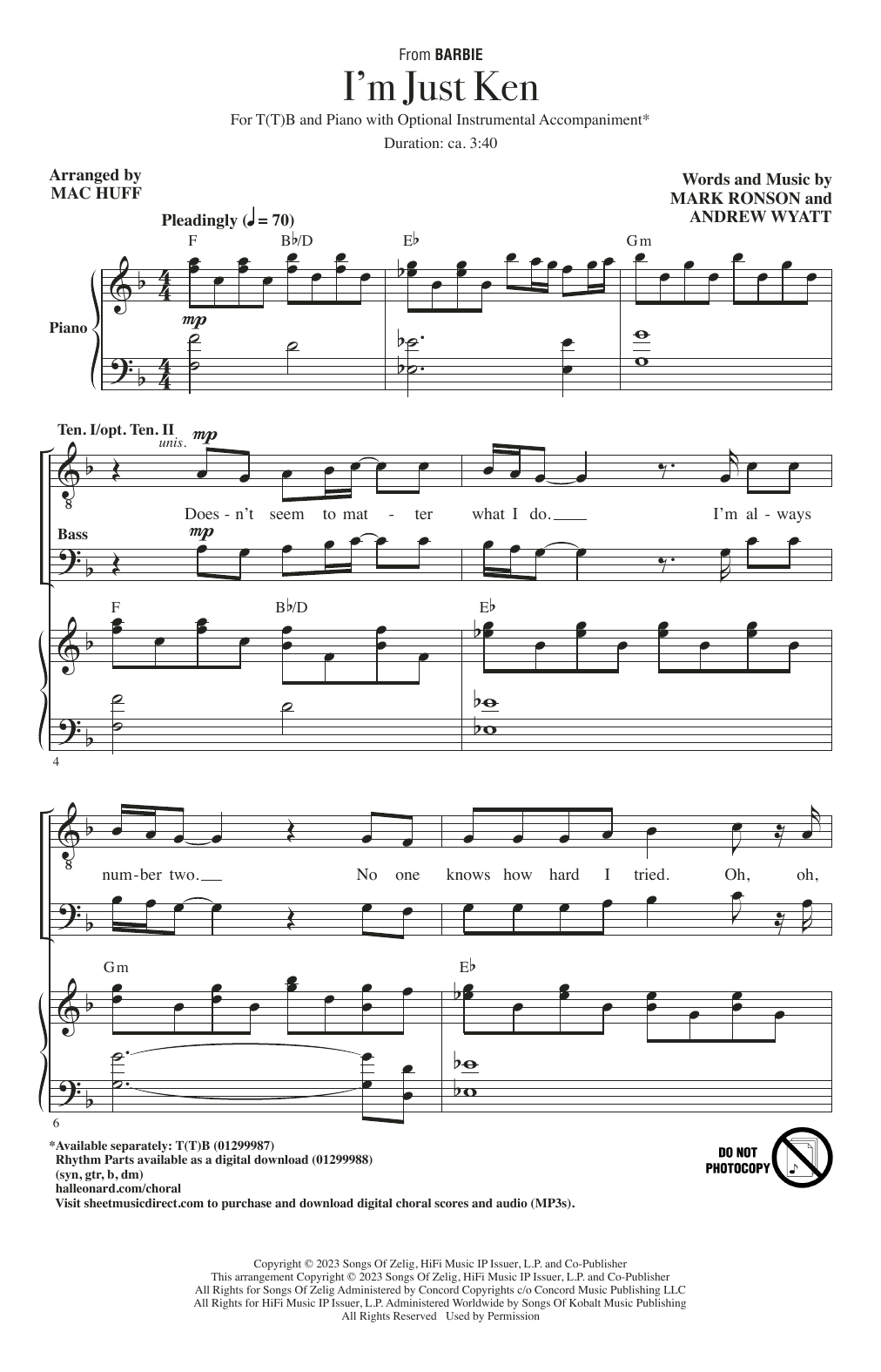 Ryan Gosling I'm Just Ken (from Barbie) (arr. Mac Huff) sheet music notes and chords arranged for TTB Choir