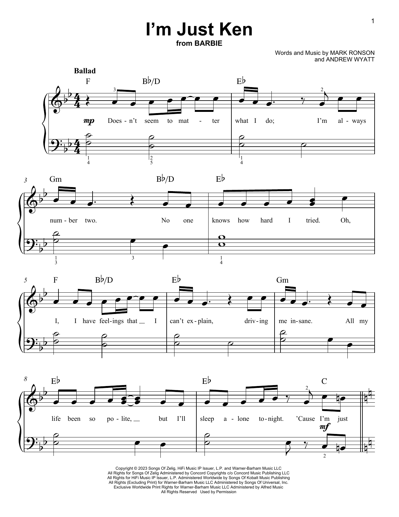 Ryan Gosling I'm Just Ken (from Barbie) (Full version) sheet music notes and chords arranged for Piano, Vocal & Guitar Chords (Right-Hand Melody)