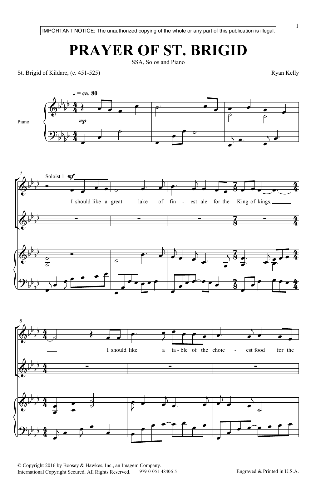 Ryan Kelly Prayer Of St. Brigid sheet music notes and chords arranged for SSA Choir