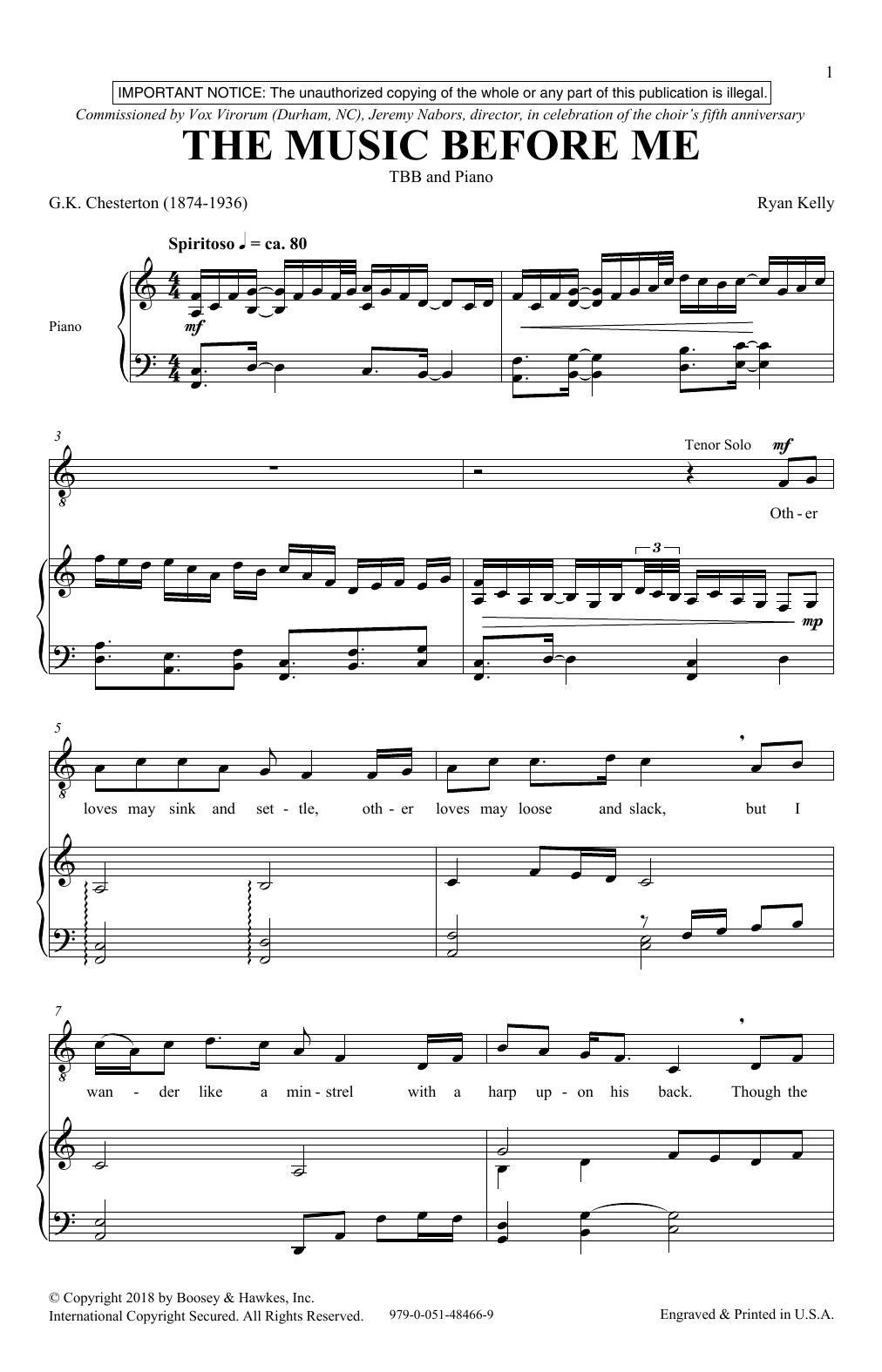 Ryan Kelly The Music Before Me sheet music notes and chords arranged for TBB Choir