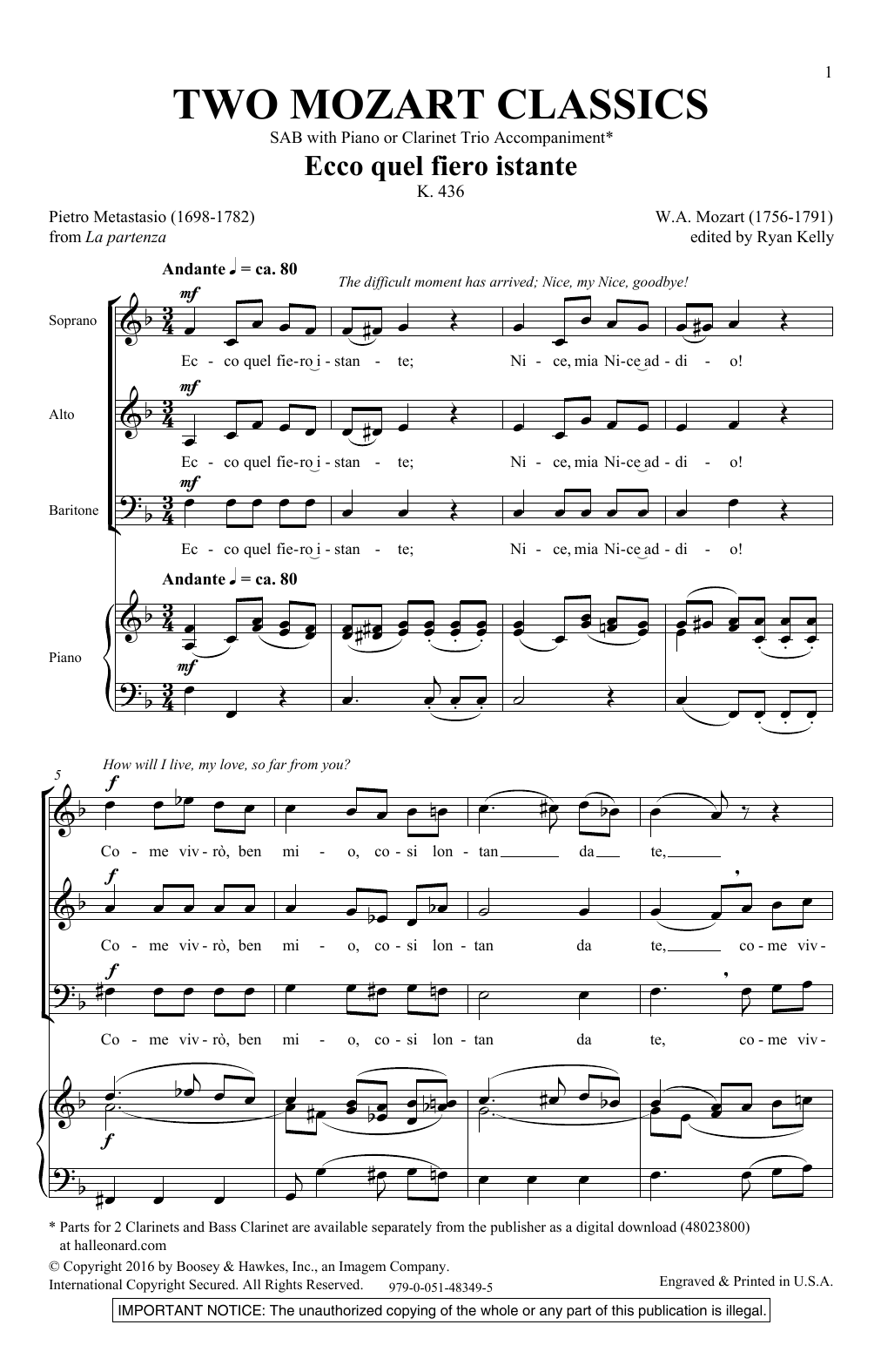 Ryan Kelly Two Mozart Classics sheet music notes and chords arranged for SAB Choir