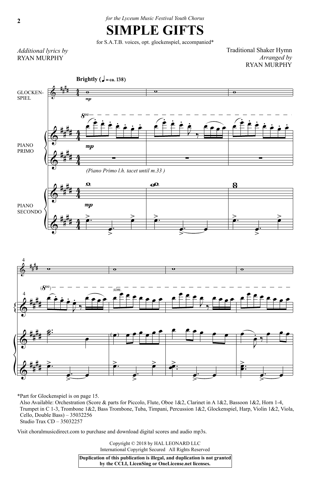 Ryan Murphy Simple Gifts sheet music notes and chords arranged for SATB Choir