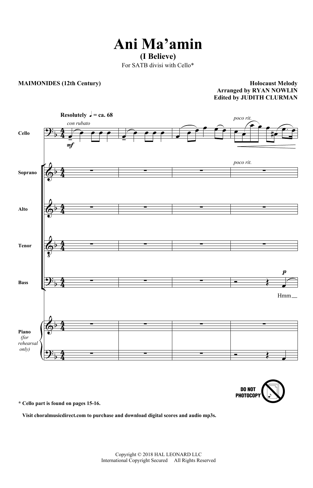Ryan Nowlin Ani Ma'Amin sheet music notes and chords arranged for SATB Choir