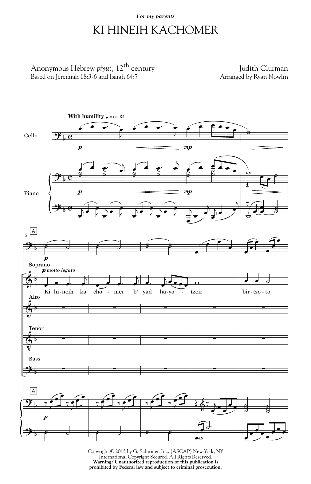 Ryan Nowlin Ki Hineih Kachomer sheet music notes and chords arranged for SATB Choir