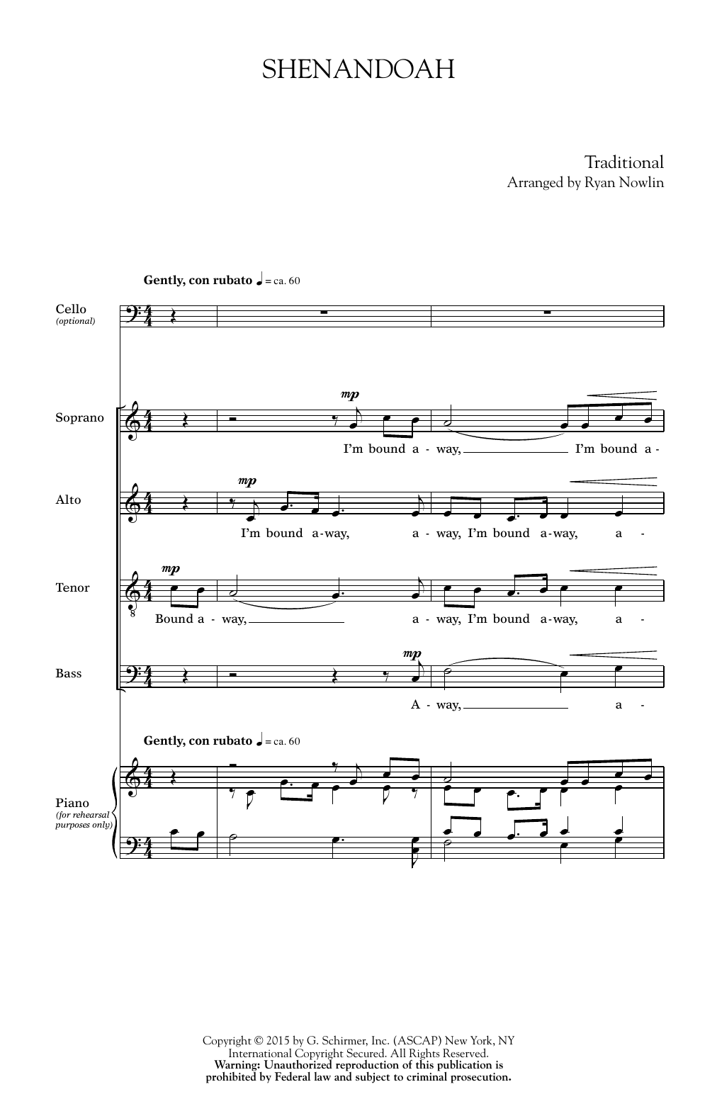 Ryan Nowlin Shenandoah sheet music notes and chords arranged for SATB Choir