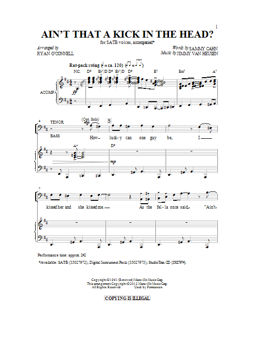 Ryan O'Connell Ain't That A Kick In The Head sheet music notes and chords arranged for SATB Choir