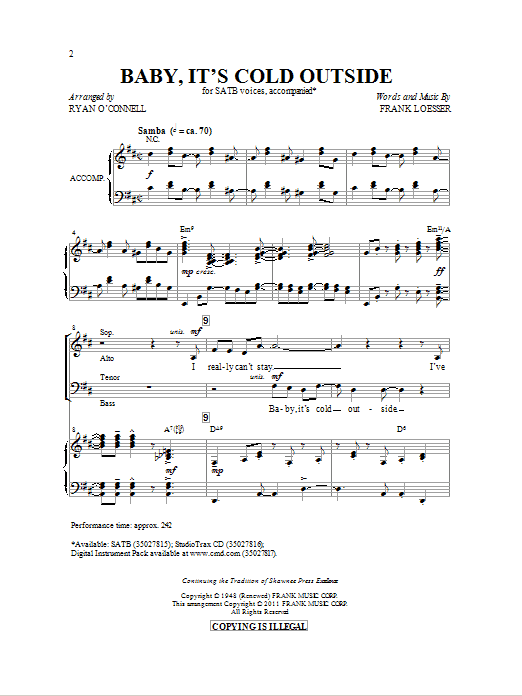Ryan O'Connell Baby, It's Cold Outside sheet music notes and chords arranged for SATB Choir