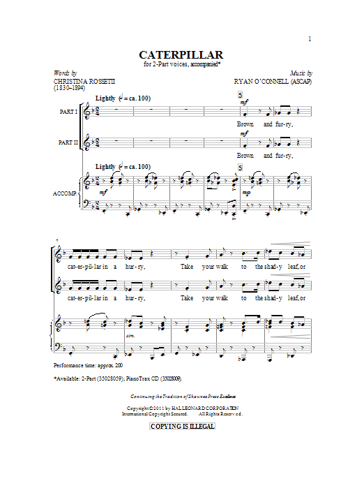Ryan O'Connell Caterpillar sheet music notes and chords arranged for 2-Part Choir