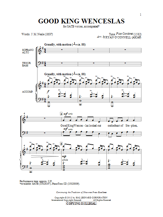 Ryan O'Connell Good King Wenceslas sheet music notes and chords arranged for SATB Choir