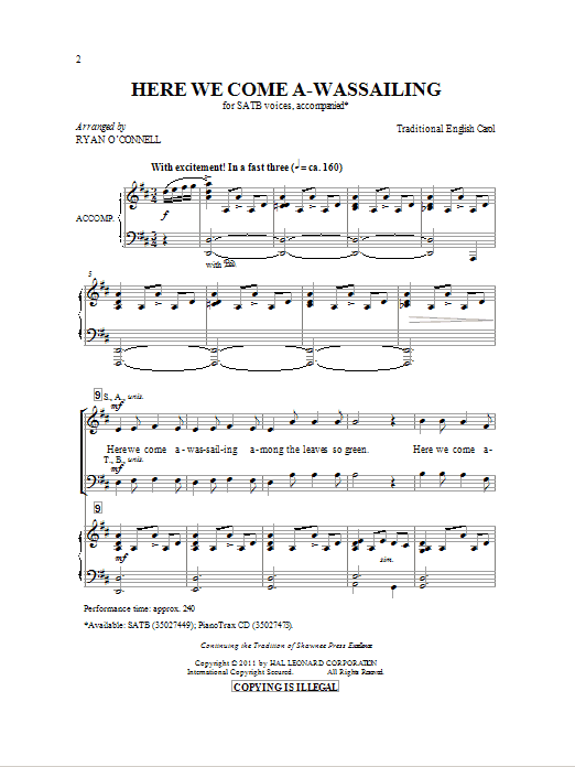 Ryan O'Connell Here We Come A-Wassailing sheet music notes and chords arranged for SATB Choir