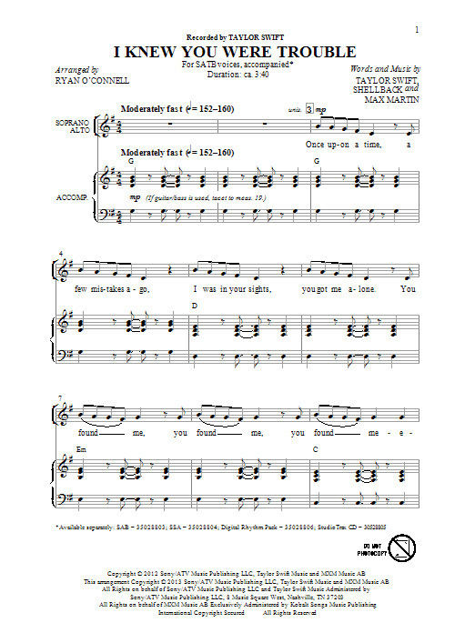 Ryan O'Connell I Knew You Were Trouble sheet music notes and chords arranged for SATB Choir