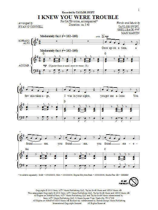 Ryan O'Connell I Knew You Were Trouble sheet music notes and chords arranged for SSA Choir