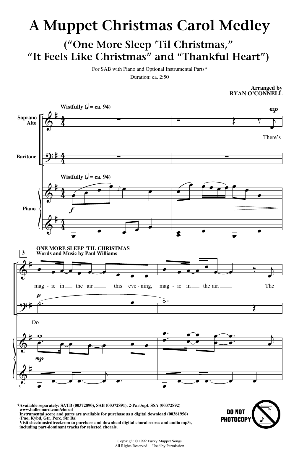 Ryan O'Connell Muppet Christmas Carol Medley (from The Muppet Christmas Carol) sheet music notes and chords arranged for SAB Choir