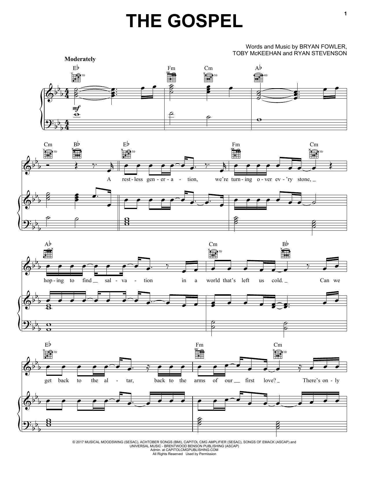 Ryan Stevenson The Gospel sheet music notes and chords arranged for Piano, Vocal & Guitar Chords (Right-Hand Melody)