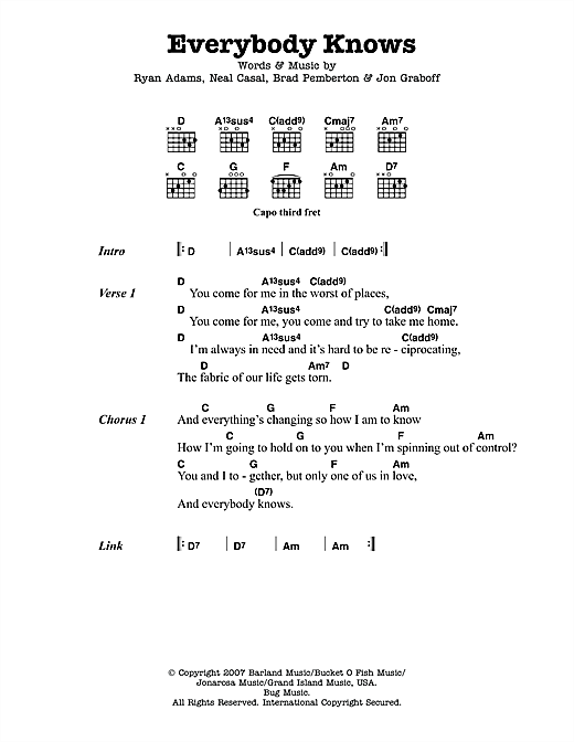 Ryan Adams Everybody Knows sheet music notes and chords arranged for Guitar Chords/Lyrics