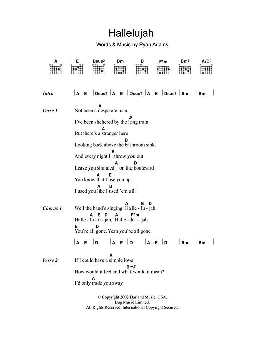 Ryan Adams Hallelujah sheet music notes and chords arranged for Guitar Chords/Lyrics
