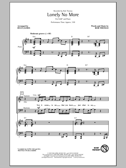 Ryan James Lonely No More sheet music notes and chords arranged for SATB Choir