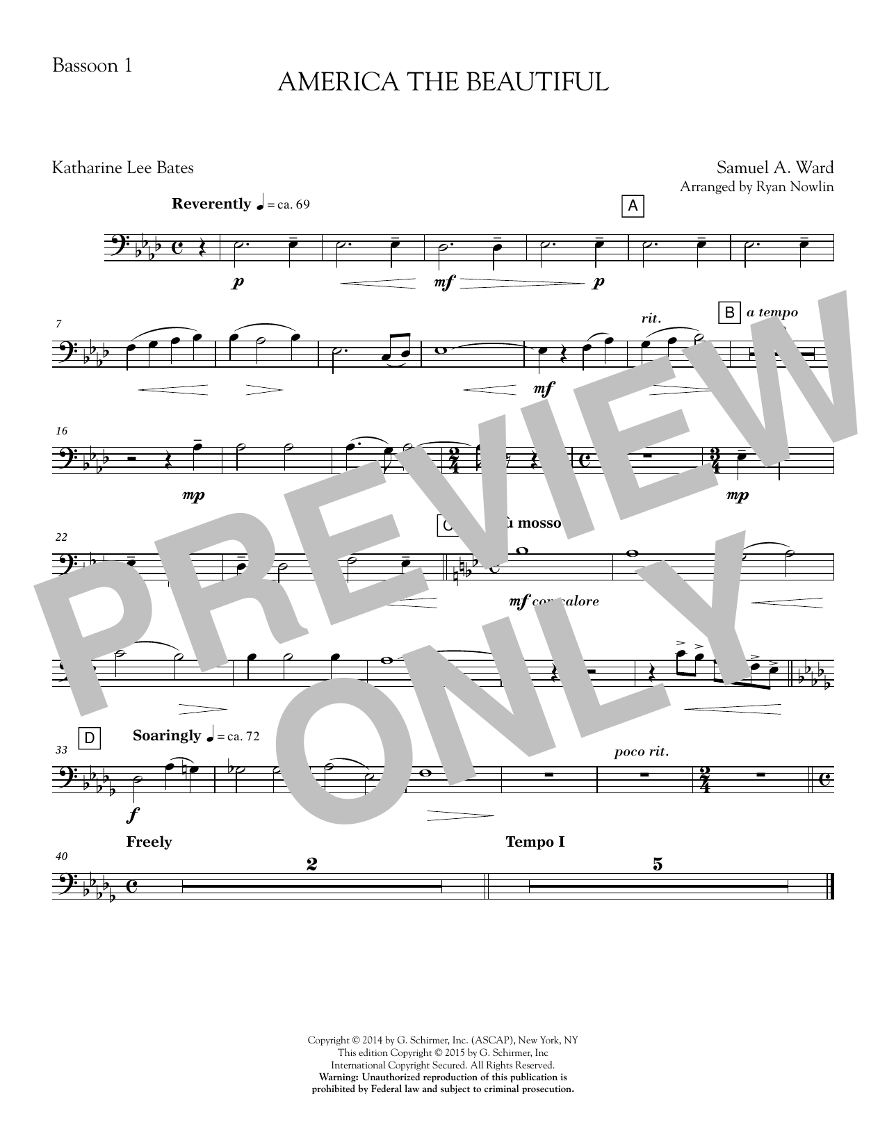 Ryan Nowlin America, the Beautiful - Bassoon 1 sheet music notes and chords. Download Printable PDF.