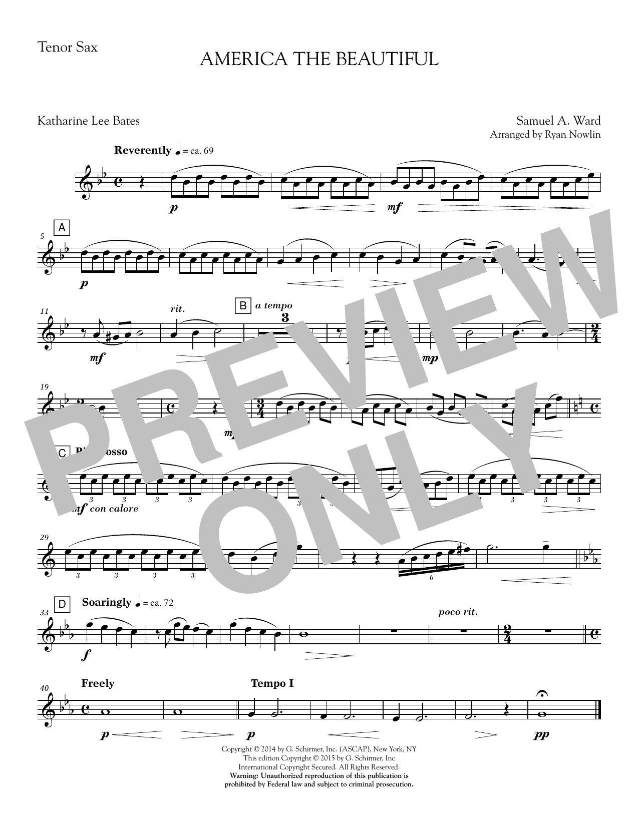 Ryan Nowlin America, the Beautiful - Tenor Saxophone sheet music notes and chords. Download Printable PDF.