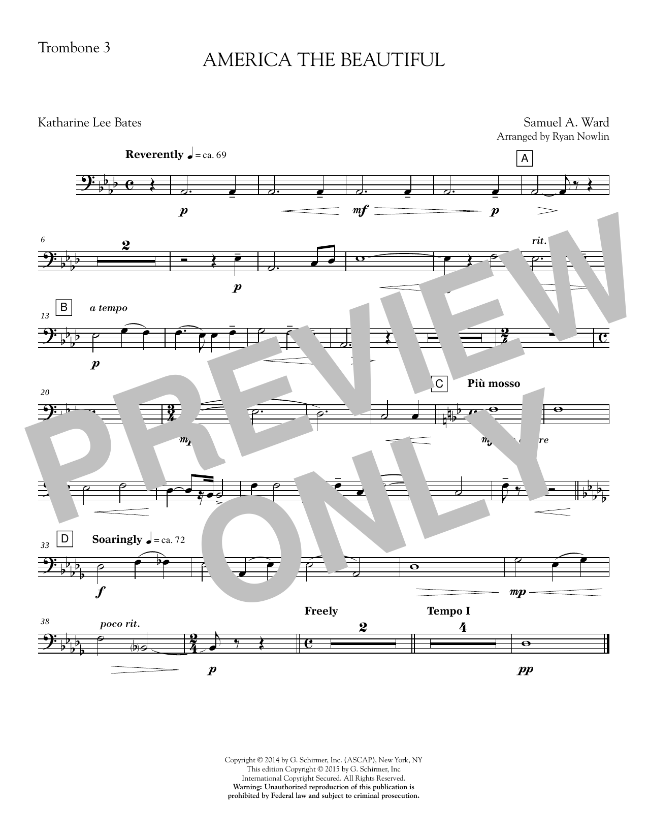 Ryan Nowlin America, the Beautiful - Trombone 3 sheet music notes and chords. Download Printable PDF.