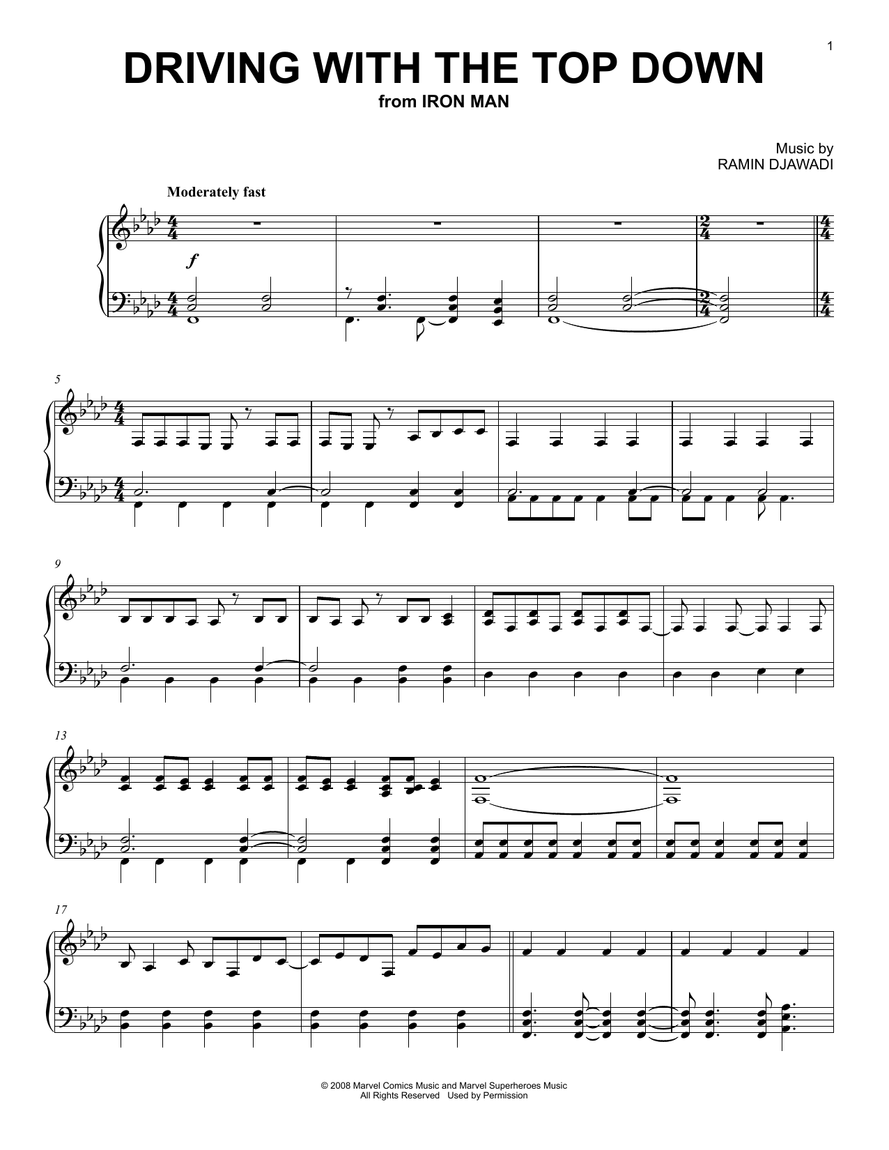Ryeland Allison Driving With The Top Down (from Iron Man) sheet music notes and chords arranged for Piano Solo